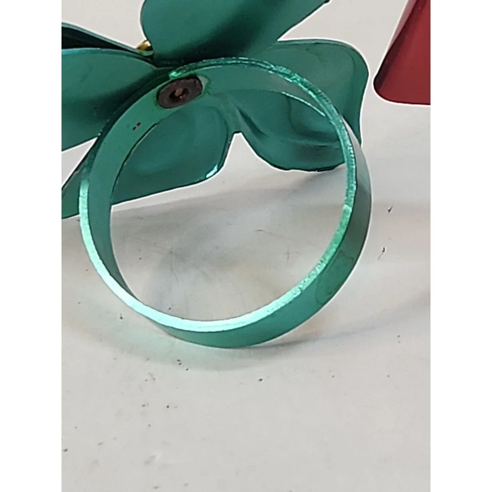 Vintage Metallic Metal Bow Napkin Rings Red Teal Mid Century Retro Set of 4